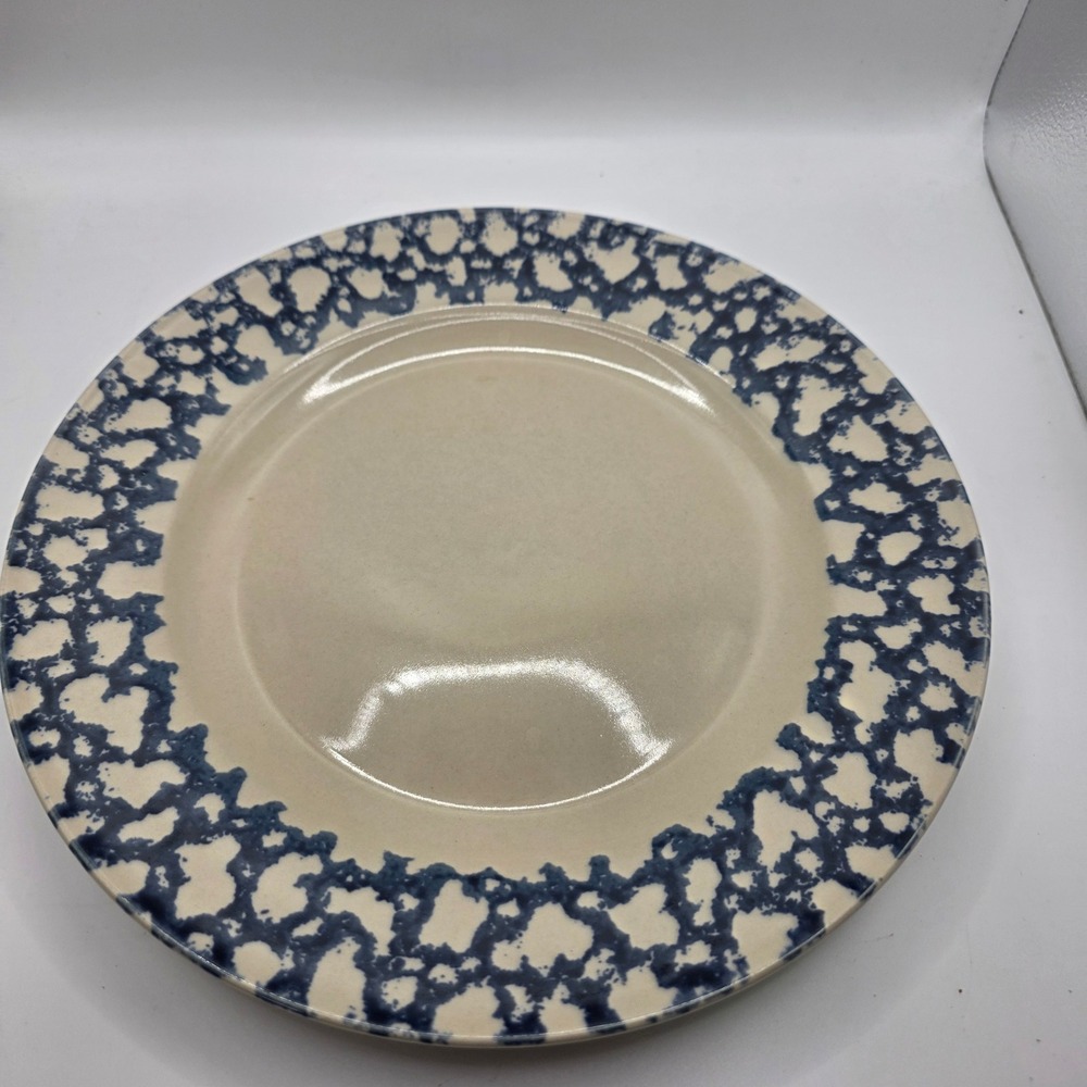 Gibson Housewares Navy Blue Spongeware Cream Ceramic Dinner Plate Farmhouse 10in
